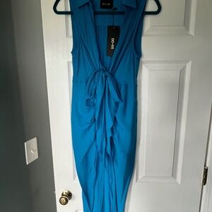 Summer Blue Ruched Linen Dress